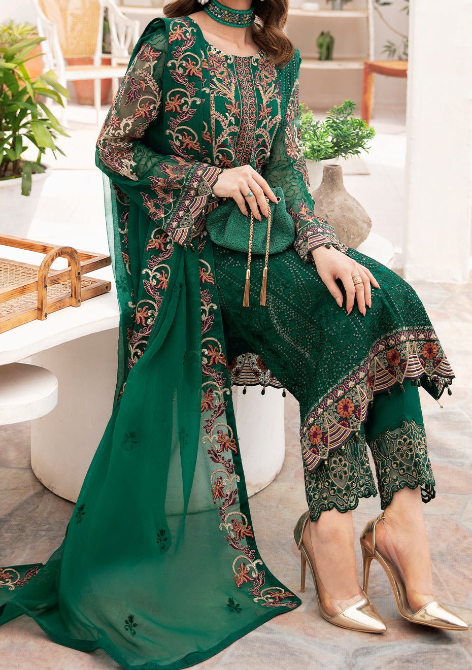 Ramsha Chevron Pakistani Luxury Chiffon Dress - db23540