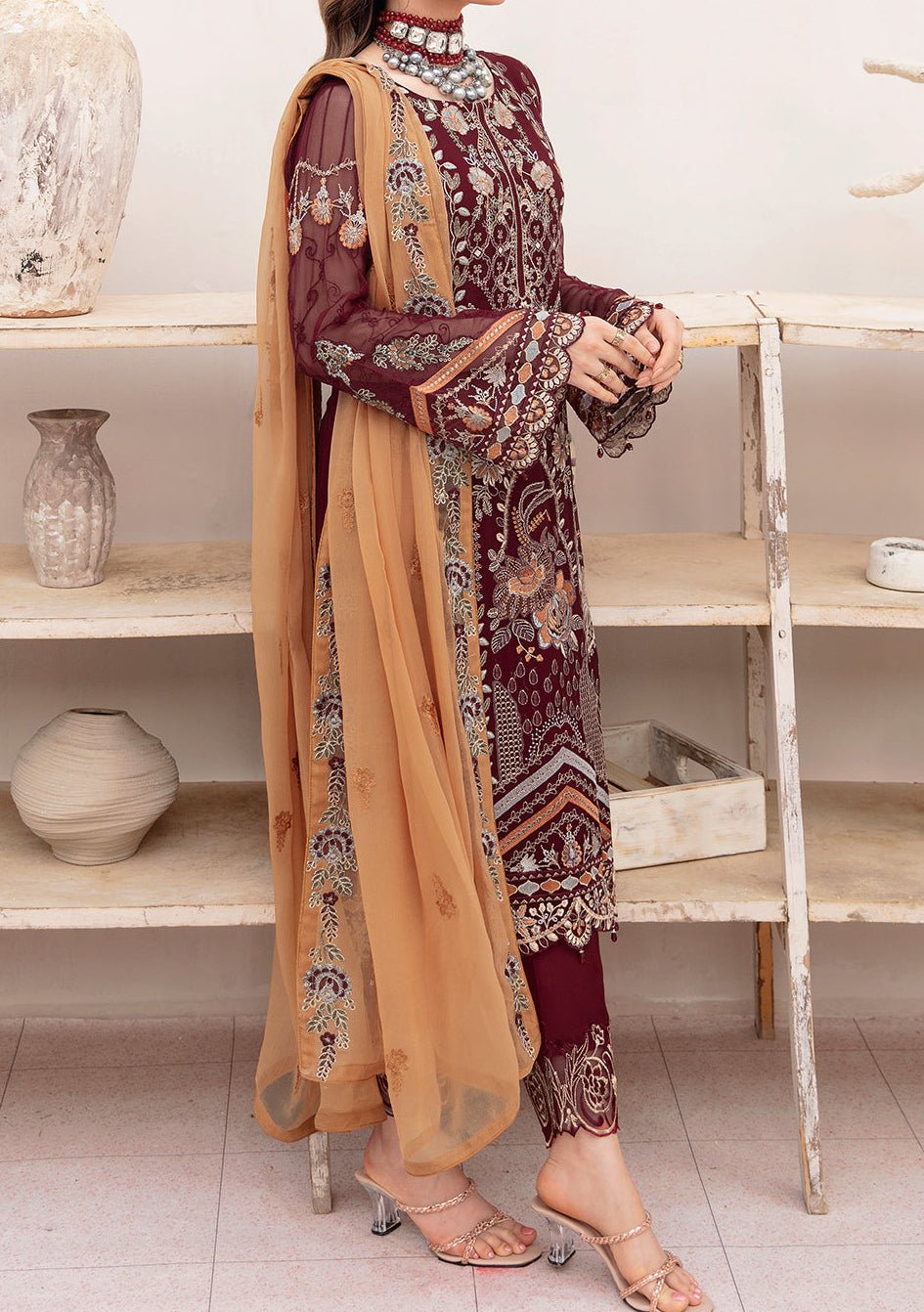 Ramsha Chevron Pakistani Luxury Chiffon Dress - db23548