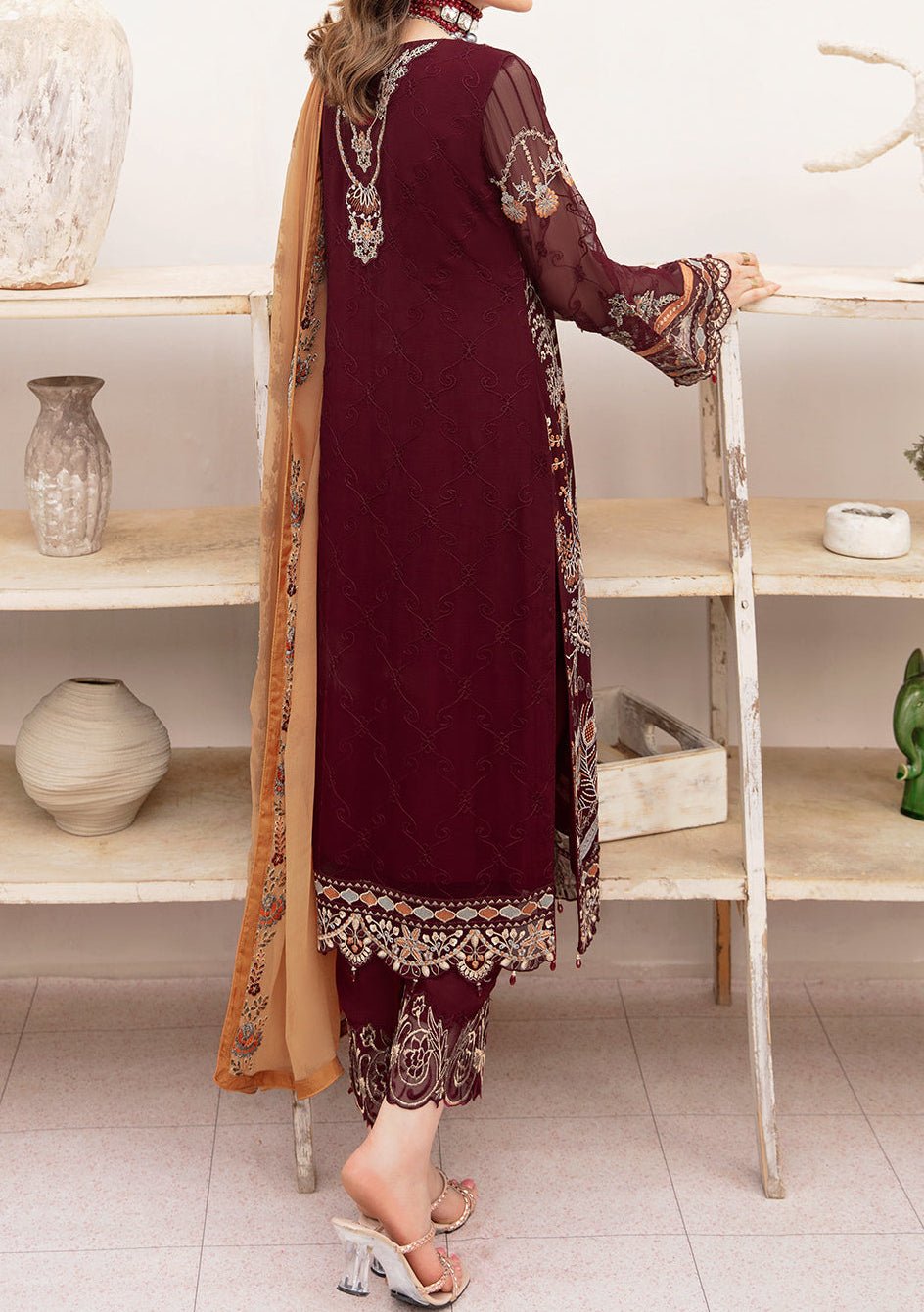 Ramsha Chevron Pakistani Luxury Chiffon Dress - db23548