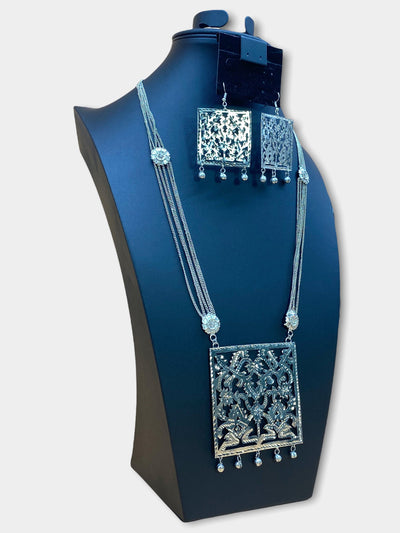 Silver Plated Jamdani Cut Work Long Necklace Set - dba082
