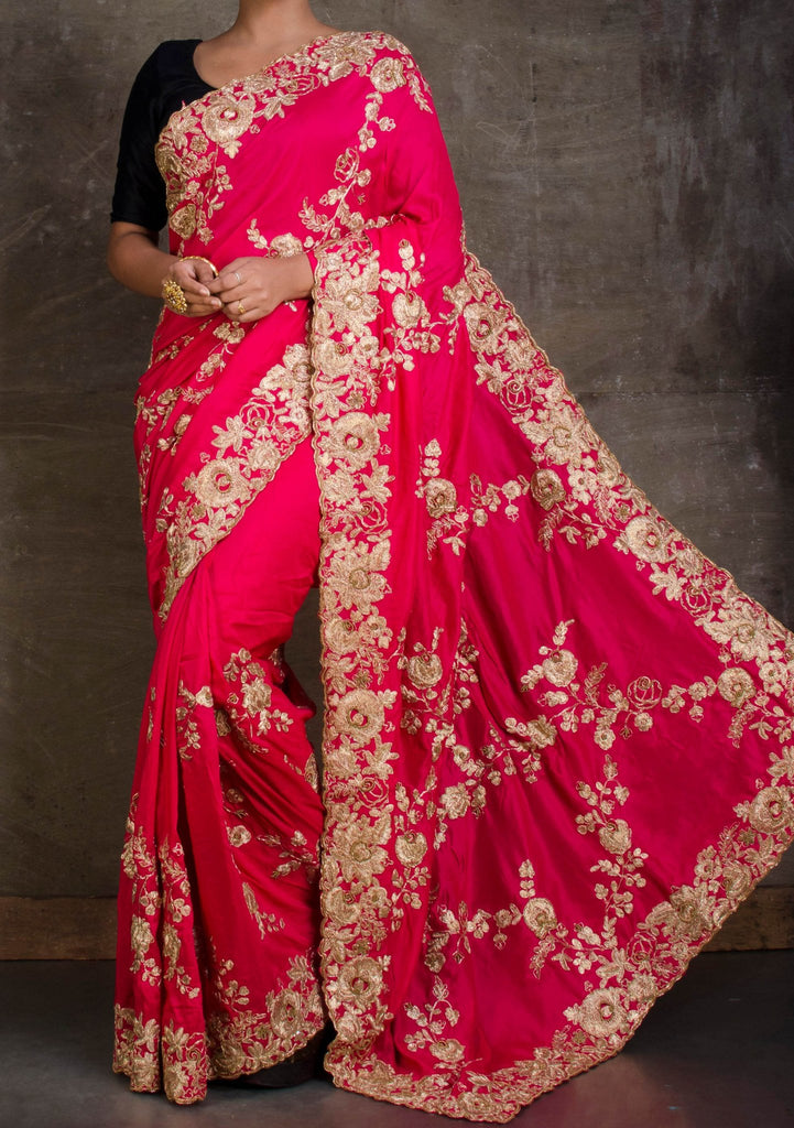 Buy Verry Berry Pink Zardosi Embroidered Satin Saree Online | Samyakk